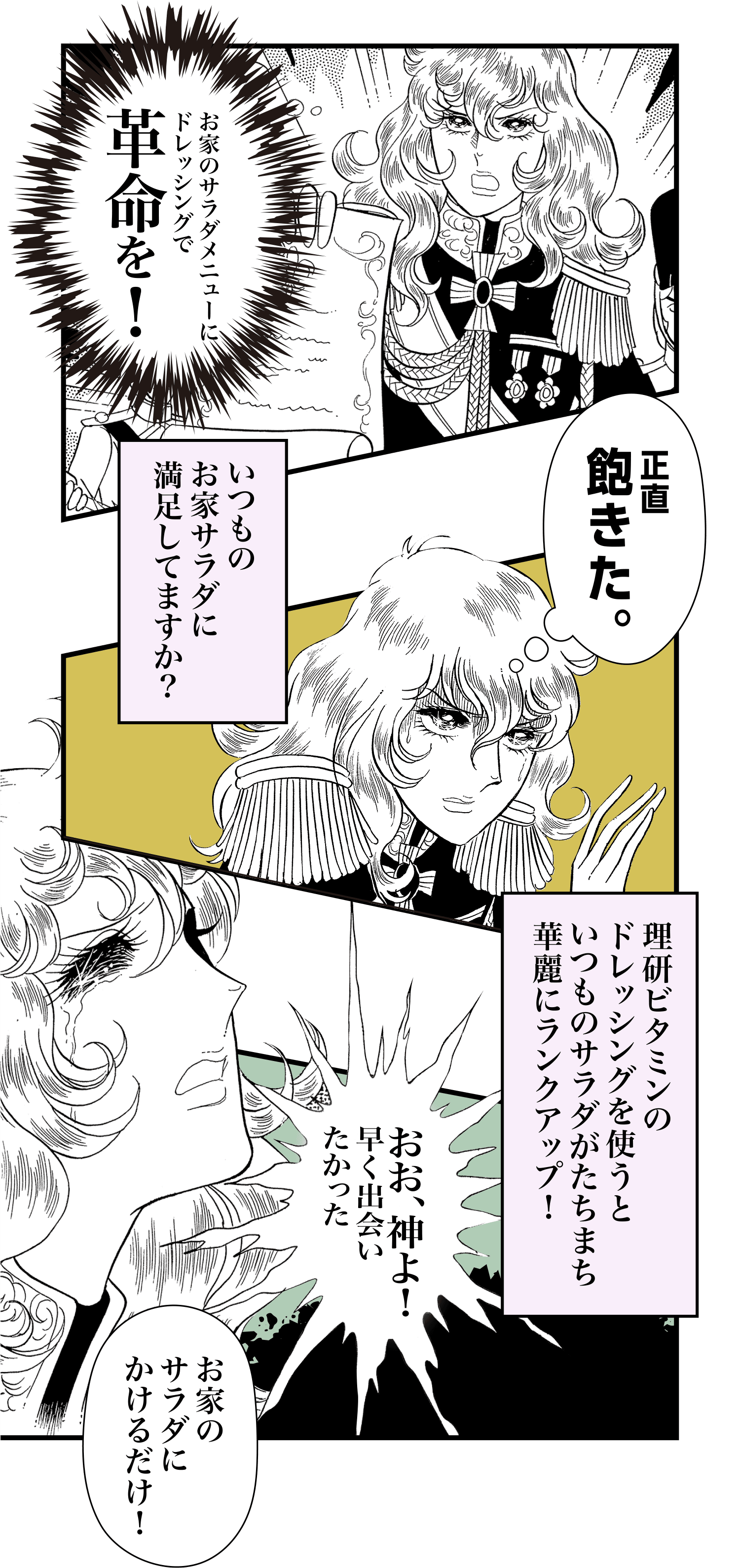 お家のサラダメニューにドレッシングで革命を！ いつものお家サラダに満足してますか？「正直飽きた。」理研ビタミンのドレッシングを使うといつものサラダがたちまち華麗にランクアップ!「おお、神よ！早く出会いたかった」「お家のサラダにかけるだけ!」