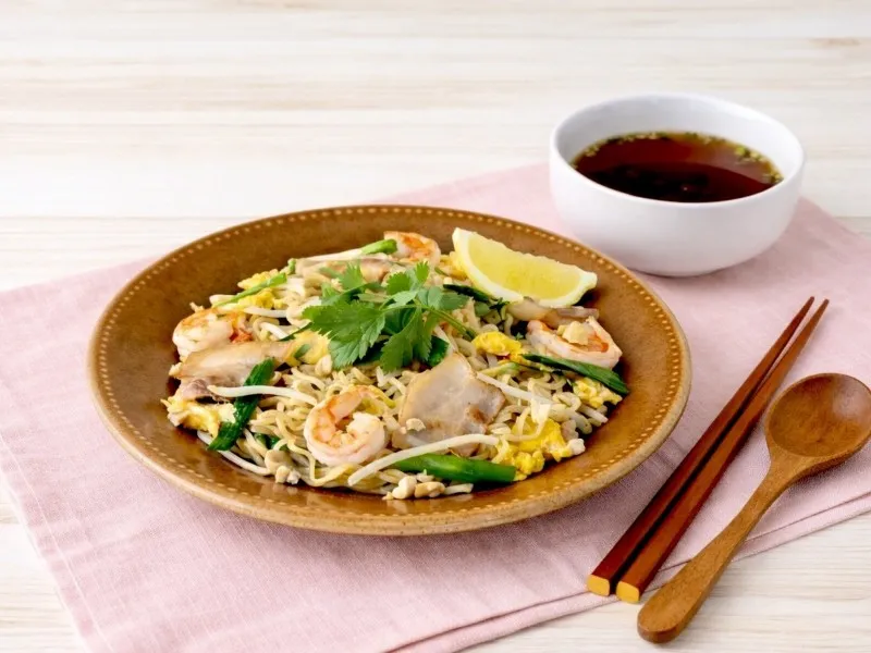 『リケンのノンオイル かけちゃえエスニック』使用、『サッポロ一番』コラボレシピ「パッタイ風焼きそば」