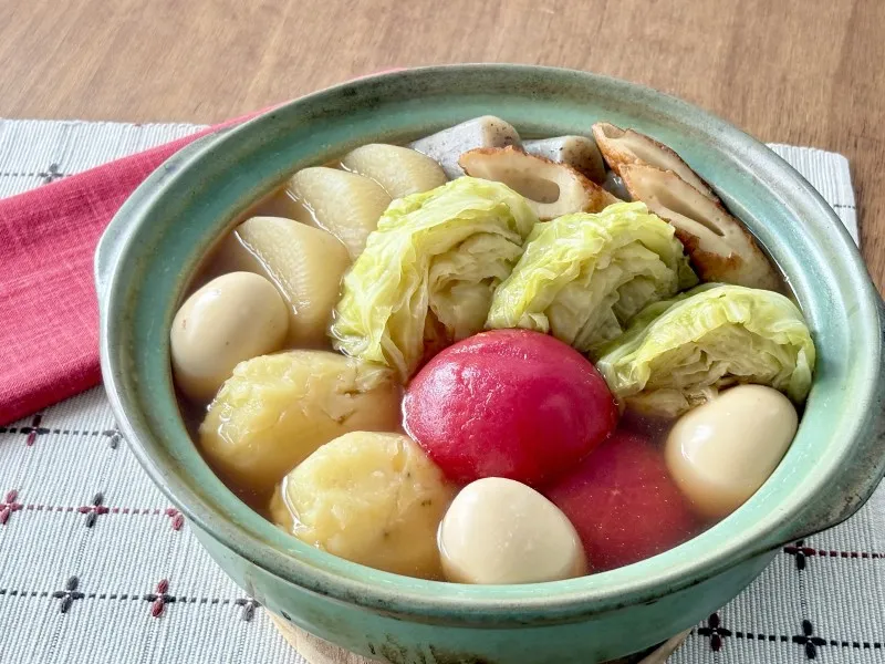 『素材力だし 本かつおだし』『素材力だし こんぶだし』使用レシピ「ごろっと野菜の旨だしおでん」